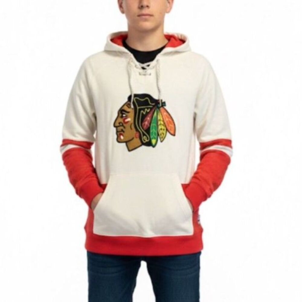 CCM NHL Chicago Blackhawks Ivory Red Lace-Up LS Hooded Sweatshirt Size S